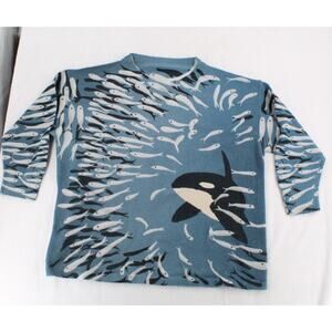 Orca Killer Whale Graphic Sweater 2XL Blue Ocean Fish Print Crew Neck pullover